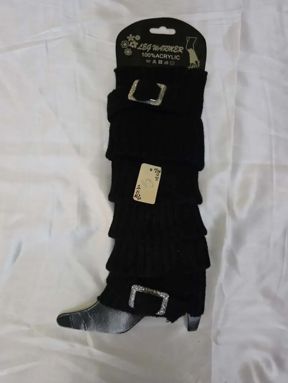 New Trendy Black Knitted Leg Warmers With Buckles Acrylic Boot Cuffs